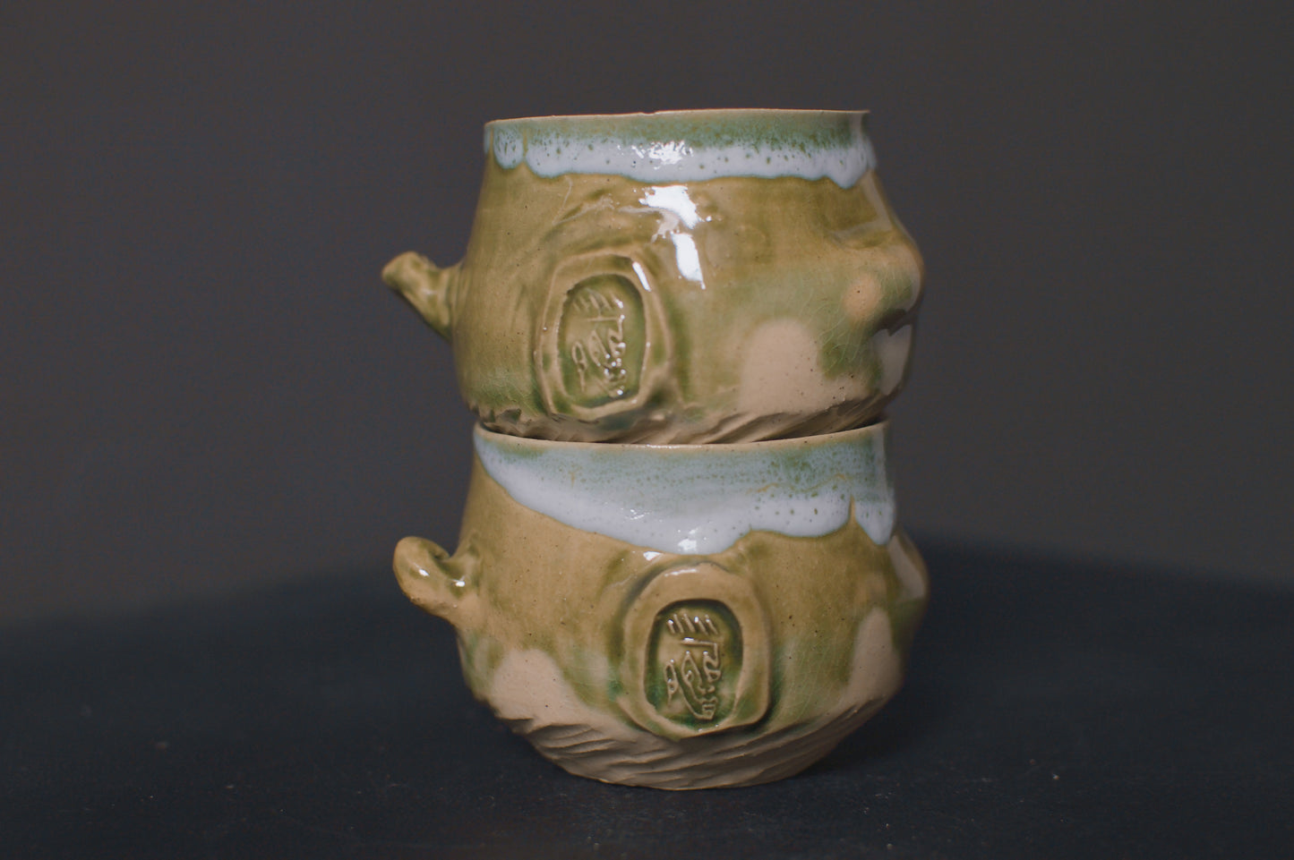 set of cups, jade green glaze, stoneware