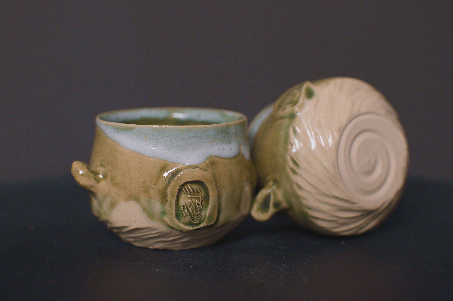set of cups, jade green glaze, stoneware