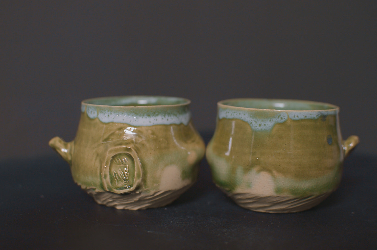 set of cups, jade green glaze, stoneware