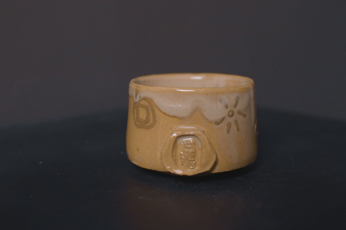 cup, birch glaze, adinkra symbols, stoneware