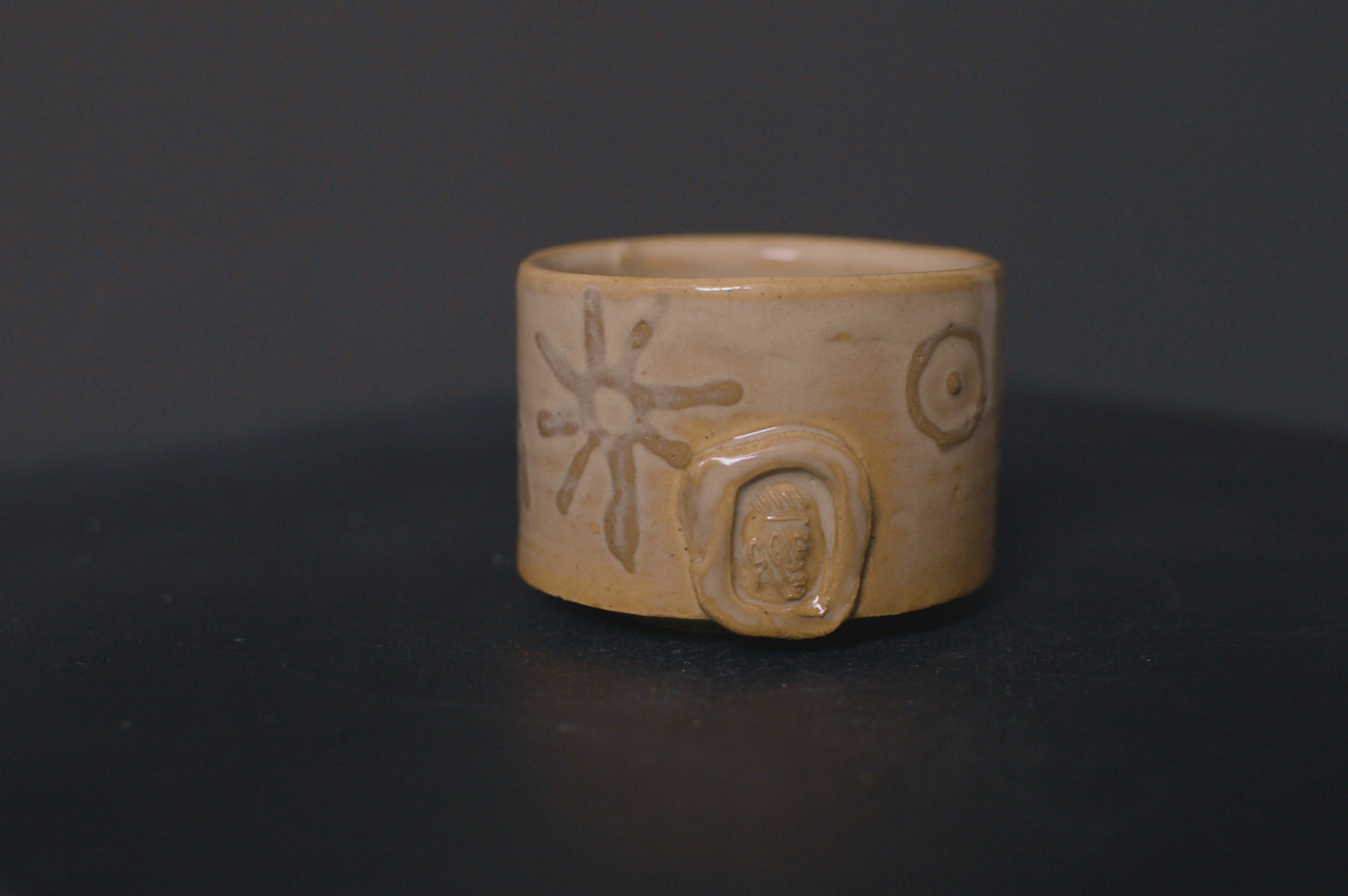 cup, birch glaze, adinkra symbols, stoneware